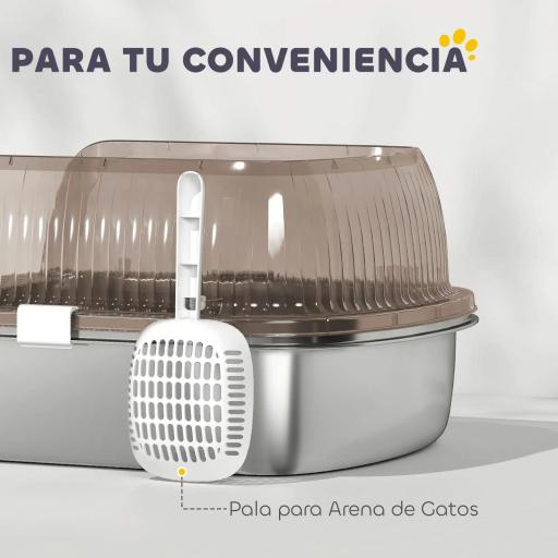 Arenero para Gatos Cubierto con Bandeja de Acero Inoxidable Bordes Altos Pala Peldaño y Zona para Caída de Arena Gris [1]