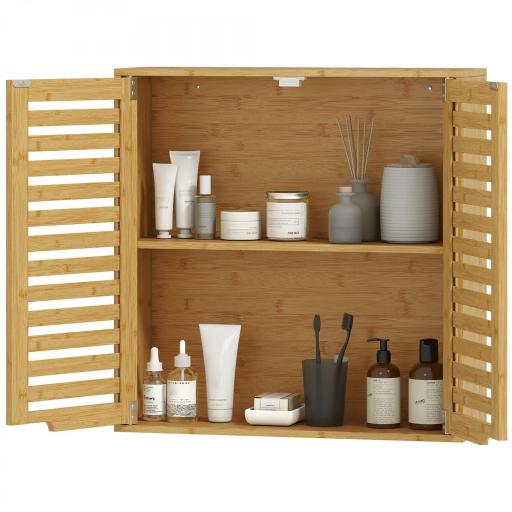 Armario de Baño de Pared de Bambú Mueble de Baño Colgante con Estante Ajustable Puertas de Lamas Natural [9]