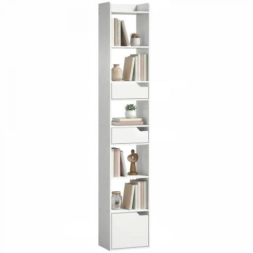 Estantería para Libros con 2 Cajones y Puerta Librería Estrecha con 6 Estantes Abiertos 32x24x181,5 cm Blanco [9]