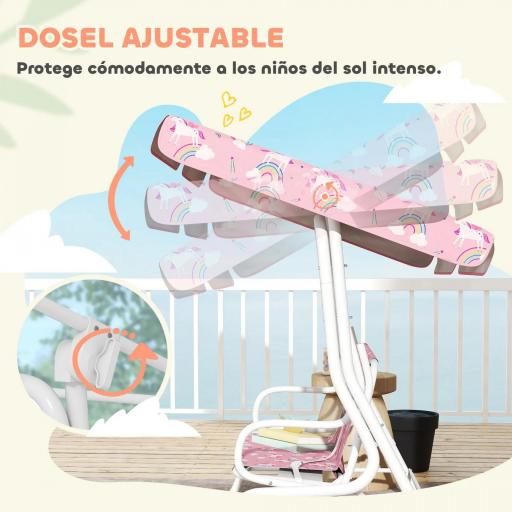 Columpio Jardín Exterior para niños 2 Plazas Toldo Ajustable Cinturones de Seguridad Diseño de Unicornio Arcoíris Rosa [5]