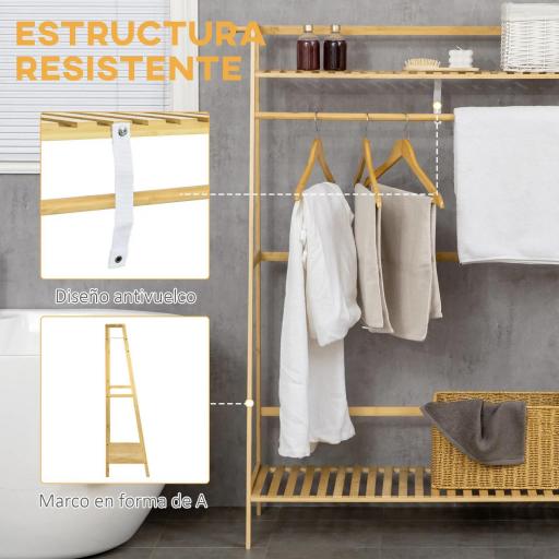 Perchero de Pie de Madera de Bambú para Ropa con 2 Estantes 2 Ganchos y Barra para Colgar 114x40x139 cm Natural [3]