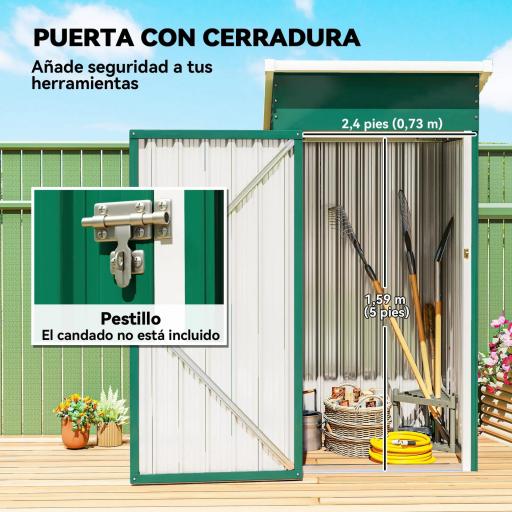 Caseta de Jardín Exterior Metálico 0,74 m² 107,5x91x185 cm con Techo Inclinado Puerta con Cerradura Ventilaciones Verde [6]