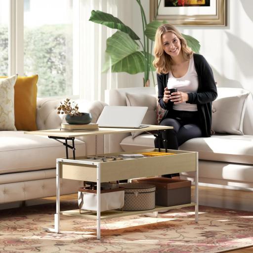 Mesa de Centro Elevable con Cierre Suave Espacio Oculto de Almacenaje y Estante Abierto 95x40x59 cm Natural y Blanco [7]
