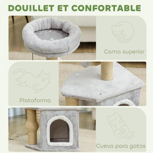 Árbol para Gatos Altura 66 cm Torre para Gatos con Cama Cueva Plataforma Bola Colgante y Poste de Yute Gris Claro [4]