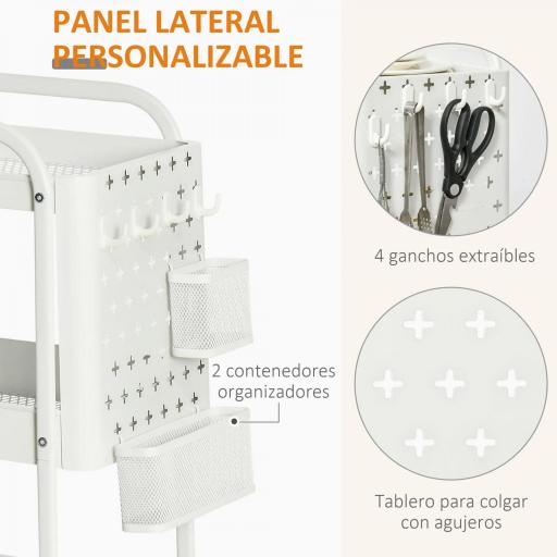 Carrito Auxiliar con Ruedas Carro de Almacenaje Multifuncional con 4 Ganchos y 2 Cestas Colgantes 51,5x32x75,6 cm Blanco [3]