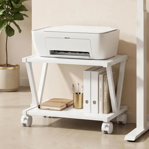 Soporte para Impresora de 2 Niveles Bajo Escritorio con Ruedas Bloqueables para Oficina en Casa 44x28x32 cm Blanco [2]