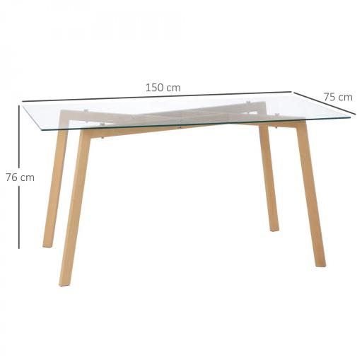 Mesa de Comedor para 6 Personas con Encimera de Cristal y Patas de Acero Efecto Madera 150x75x76 cm Transparente [1]