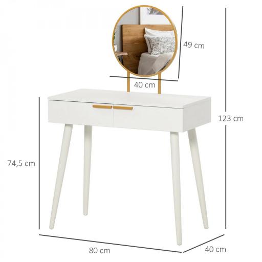 Tocador con Espejo Redondo Mesa de Maquillaje con 2 Cajones Estilo Moderno para Dormitorio Vestuario 80x40x123 cm Blanco [1]