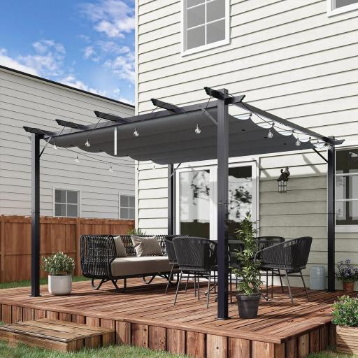 Pérgola de Jardín 3x3 m con Techo Retráctil Protección UPF30+ Drenaje Marco de Aluminio para Patio Exterior Gris Oscuro [6]