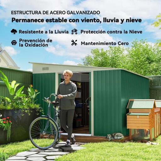 Cobertizo de Jardín Exterior 8,9 m² 280x345x201 cm con Puerta y 2 Ventanas para Almacenamiento de Herramientas Verde [2]