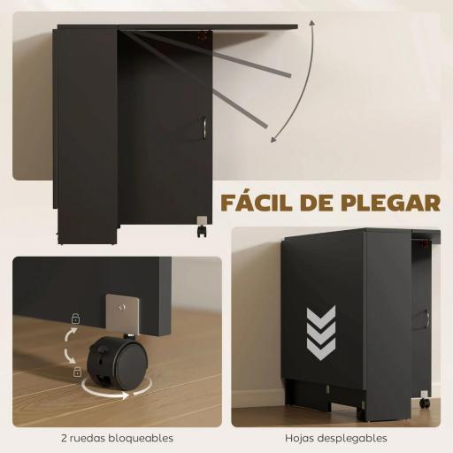 Mesa de Cocina Plegable con 2 Ruedas 2 Estantes de Almacenaje y 2 Alas Abatibles Estilo Moderno 75x140x74 cm Negro [4]