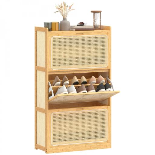 Zapatero Estrecho de Bambú con 3 Cajones Abatibles de Ratán para 18-21 Pares de Zapatos 69x29x119,8 cm Natural [9]
