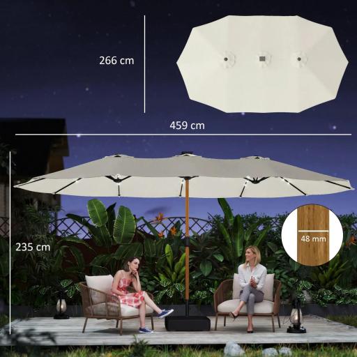 Sombrilla Doble de Jardín 4,6x2,6 m con 48 Luces LED Base Incluida Manivela Sacos de Arena Anti-UV Crema [4]