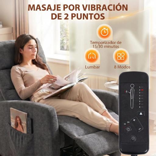 Sillón de Masaje Reclinable con Reposapiés 2 Zonas de Masaje Respaldo Alto Bolsillos Tapizado en Chenilla Gris [3]