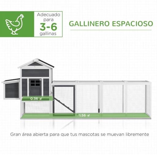 Gallinero de Madera Grande para 3-6 Gallinas con Techo Asfáltico Nido y Bandeja Extraíble 297,5x68x118 cm Blanco y Gris [5]