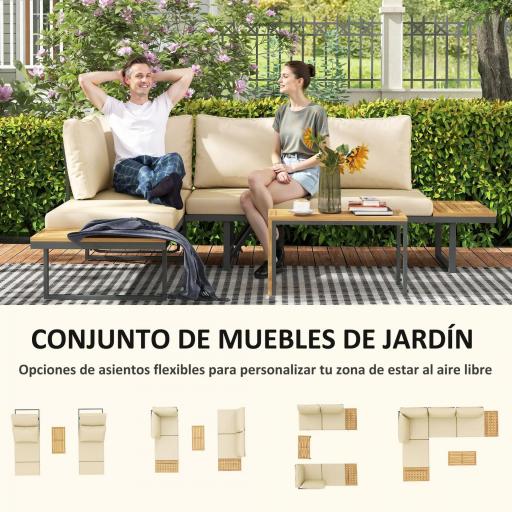 Conjunto de Sofás de Exterior Modular de Acero y Madera de Acacia con Mesa Auxiliar y Cojines Extraíbles [7]