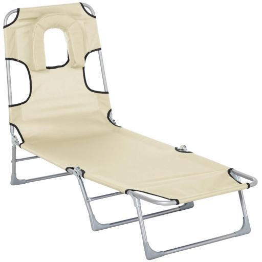 Tumbona Reclinable y Plegable de Jardín con Orificio de Lectura Reposacabezas y Respaldo Ajustable en 5 Niveles para Playa 182x56x28 cm Beige [8]