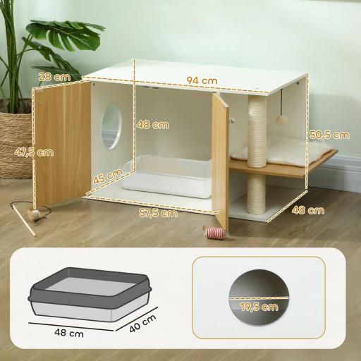 Mueble Arenero para Gatos con Centro de Juegos Cojín Pelota Puerta Lateral y Patas Antideslizantes 94x48x50,5cm Blanco [6]
