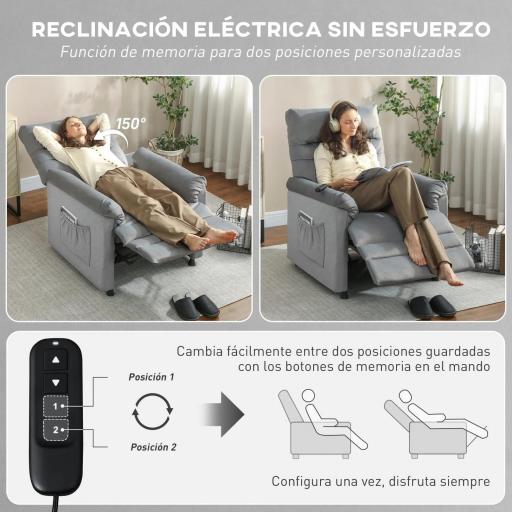 Sillón Relax Reclinable Eléctrico con Calor Lumbar Masaje Vibración Motor Silencioso Función de Memoria Gris [4]