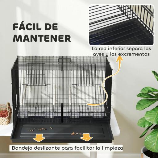 Jaula para Pájaros con Divisor 4 Comederos 4 Perchas Bandeja Extraíble para Loros Canarios Periquitos 94x57x57 cm Negro [3]
