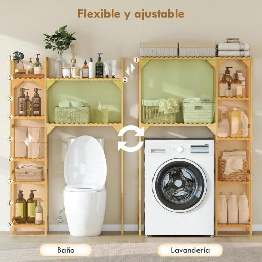 Estantería para Lavadora de Bambú Mueble para Lavadora o Inodoro con Estantes Reversibles y Ajustables Madera Natural [3]
