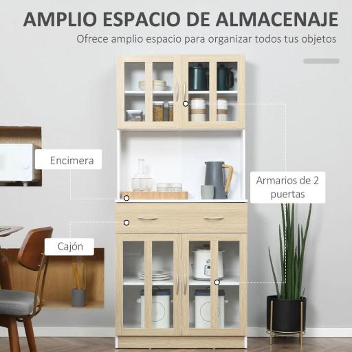 Alacena de Cocina con 4 Puertas de Vidrio Encimera Abierta Cajón Estantes Ajustables 80x40x180 cm Blanco y Natural [2]