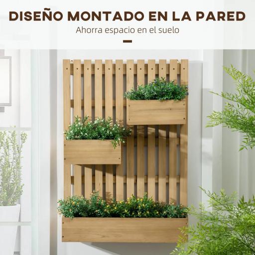 Jardinera de Pared de Madera con Enrejado y 3 Macetas Móviles para Jardín Terraza Patio 60x16x80 cm Natural [6]