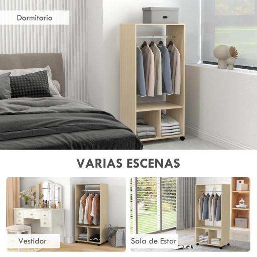 Armario Ropero con Ruedas Barra y Estantes para tener Ropa Colgada y Doblada 60x40x128 cm Natural [6]