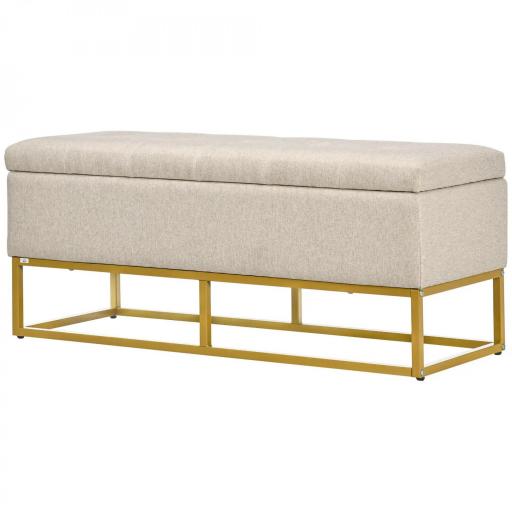 Banqueta con Almacenamiento Banco Rectangular Tapizado en Lino con Tapa Abatible y Patas de Acero 110x44x48 cm Beige [8]