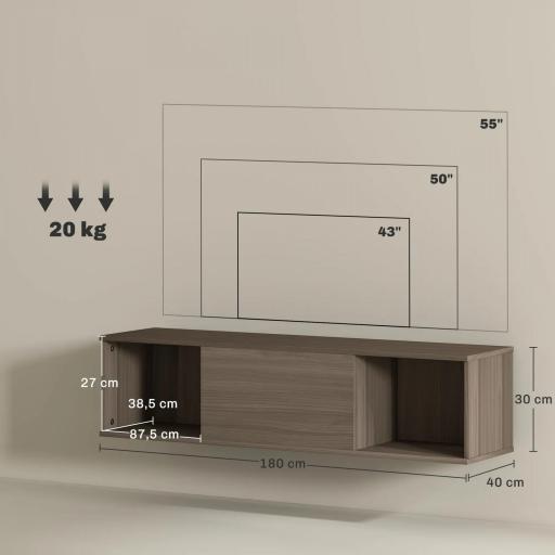 Armario de Pared Mueble de TV Colgante con 2 Compartimentos Abiertos y Puerta Abatible 120x30x29,5 cm Marrón [1]