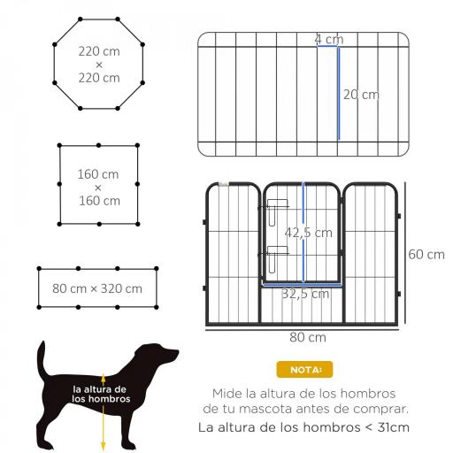 Corralito para Perros de 8 Paneles 80x60 cm con Forma Personalizable Puerta Marco de Acero y 8 Anclajes de Tierra Negro [1]