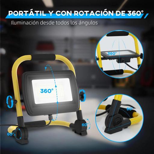 Foco LED con 4250 Lúmenes IP65 6500K Resistente a la Intemperie Ajustable y Portátil 25,5x16x25,5 cm Amarillo [4]