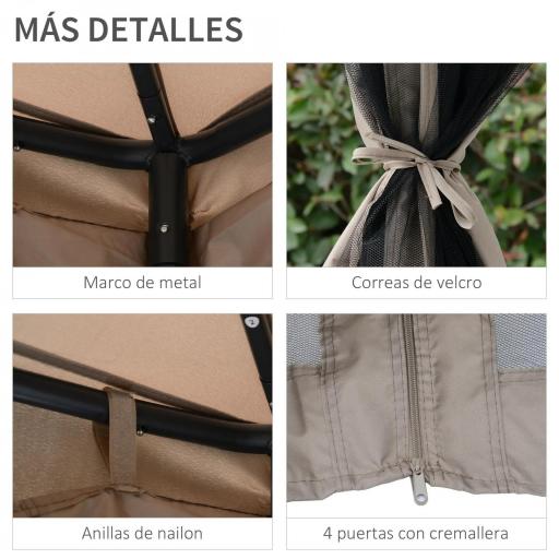 Cenador de Jardín 3x3 m Pabellón de Exterior con Doble Techo de Ventilación 4 Cortinas Mosquiteras Laterales con Cremallera 8 Orificios de Drenaje Gazebo para Fiestas Patio Marrón Pardo [5]