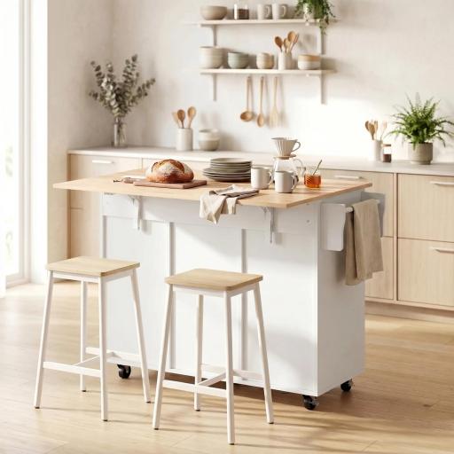 Isla de Cocina con Encimera Extensible Ruedas 2 Cajones 3 Armarios Estantes en la Puerta Toallero Blanco [4]