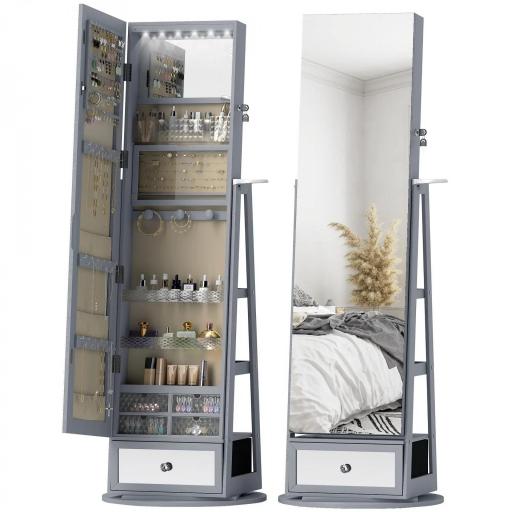 Espejo Joyero con Luces LED Armario Joyero con Espejo Entero Giratorio de 360° Cajón Cerradura Gris Claro [8]
