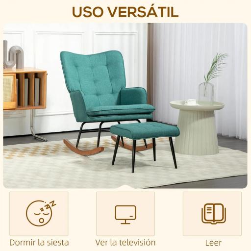 Silla Mecedora con Reposapiés Cojín Acolchado y Reposabrazos Carga 130 kg Verde Azulado [4]