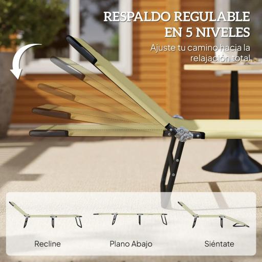 Tumbona Plegable Reclinable con Ángulo Ajustable de 5 Posiciones para Jardín Exterior Piscina Terraza Camping Carga 120 kg 188x56x28 cm Beige [2]