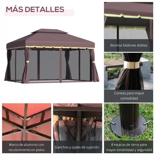 Gazebo de Aluminio 4x3 m con Techo de Ventilación 4 Cortinas Laterales 4 Mosquiteras y 8 Orificios de Drenaje Café [5]