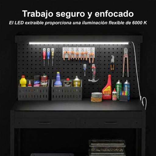 Banco de Trabajo Carga 272 kg 110x60x150 cm con Tableros Perforados Metálicos Toma de Corriente Luces LED Cajones Negro [4]