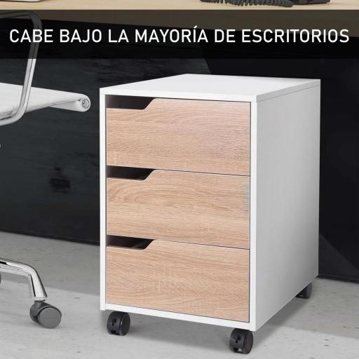 Cajonera de Oficina con Ruedas Mueble Archivador con 3 Cajones Cajonera para Escritorio Estudio 40x50x57,5 cm Roble y Blanco [4]
