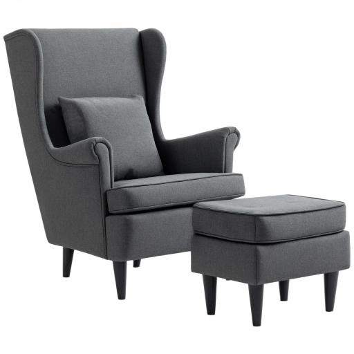 Sillón con Reposapiés Respaldo Alto Capitoné Patas de Madera Almohada Acolchada y Tapizado en Lino Gris [11]