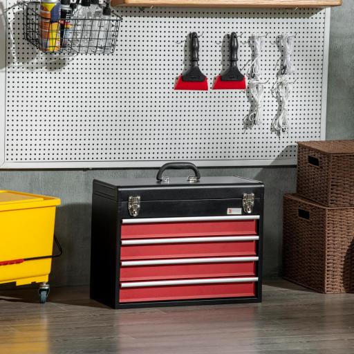 Caja de Herramientas de Acero con 4 Cajones Bandeja Tapa Abatible y Cierres Metálicos 51x22x39,5 cm Negro y Rojo [4]