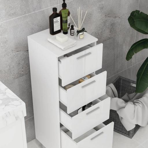 Mueble Auxiliar Baño Moderno Armario de Baño con 4 Cajones y 4 Patas para Salón Carga 30 kg 30x30x93cm Blanco Brillante [5]