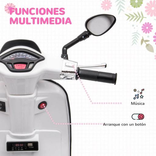 Moto Eléctrica para Niños de +3 Años con Licencia Vespa con USB MP3 Luz LED Radio FM Velocidad 3 km/h Carga 35kg Blanco [1]