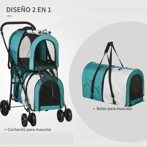 Cochecito Doble para Perros Gatos Plegable con 2 Transportines Extraíbles con Cinturón y Cojines 66x50x98cm Verde y Gris [9]