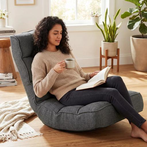 Silla de Suelo Plegable Silla de Lectura Giratoria 360° con Respaldo Ajustable en 5 Posiciones 58x107x79 cm Gris [0]