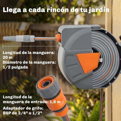 Carrete de Manguera Retráctil 20+1,6 m con Boquilla de 2 Modos Bloqueo Automático Retracción Controlada Soporte Naranja [6]
