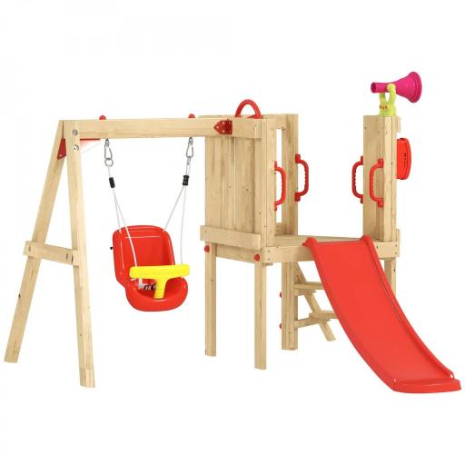 Parque Infantil Exterior de Madera con Columpio Tobogán Volante Bocina Teléfono para Patio Césped Rojo y Natural [10]