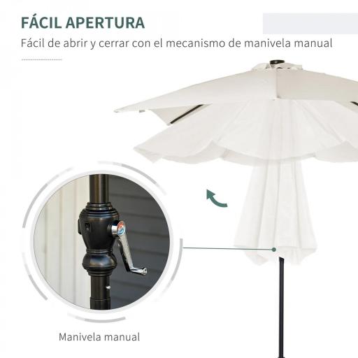 Parasol de Terraza Exterior 268x205x248 cm con Techo Inclinable hasta 45° Luces LED Solares y Manivela Blanco Crema [4]