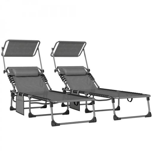 Set de 2 Tumbonas Plegables con Reposacabezas Parasol Bolsillo Lateral y Respaldo Reclinable en 5 Posiciones Gris [9]